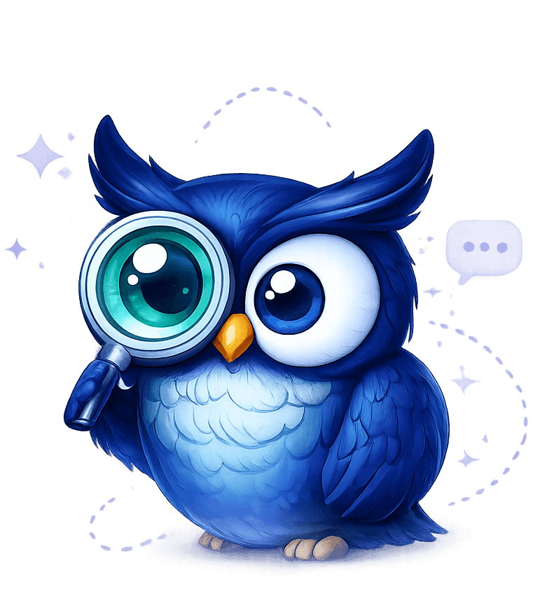OwlTrace mascot looking through a magnifying glass